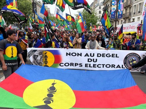 Foule de manifestants portant des drapeaux kanak